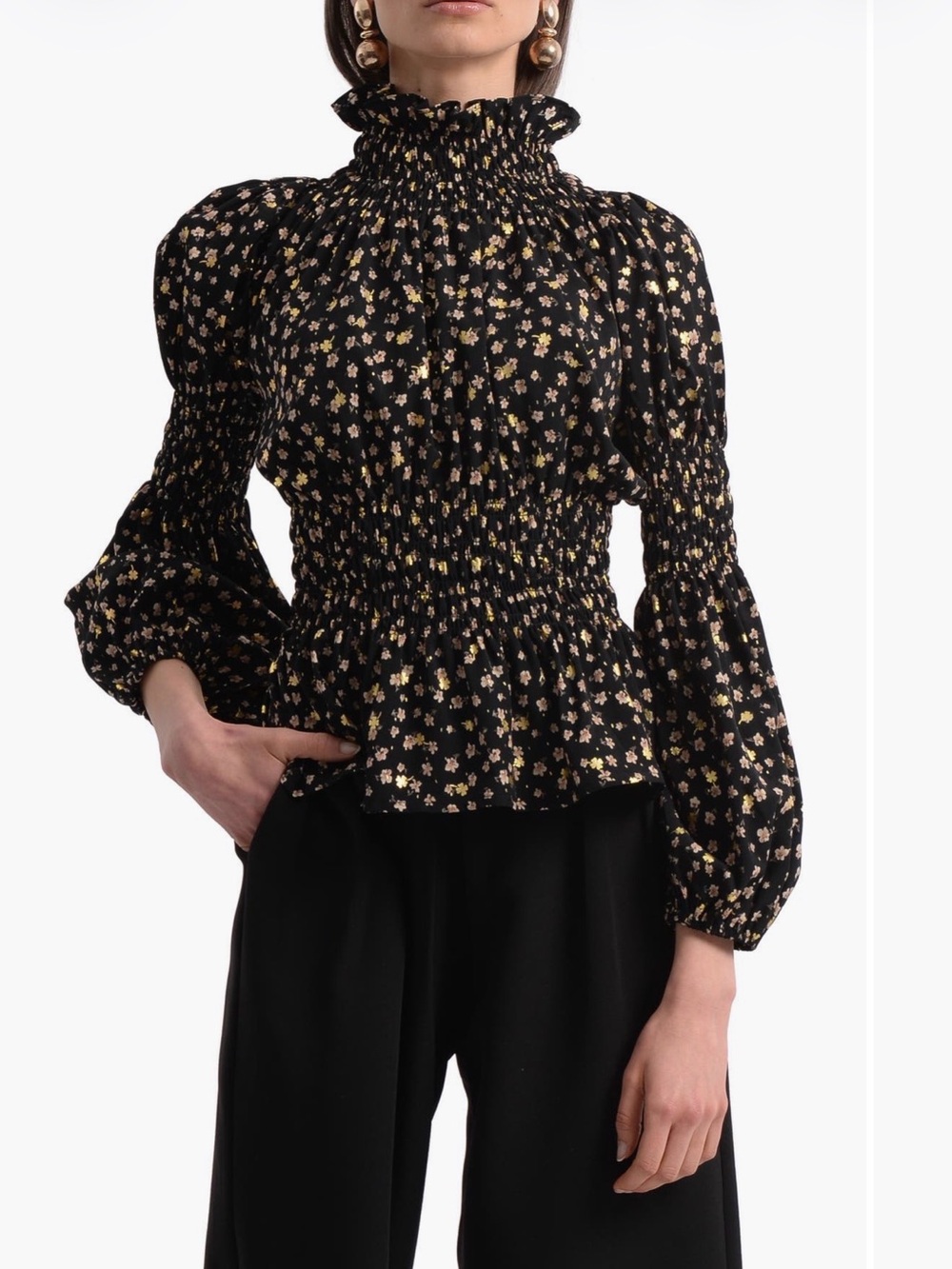 Molly Bracken Wilma Floral Smocked Peplum Blouse Black